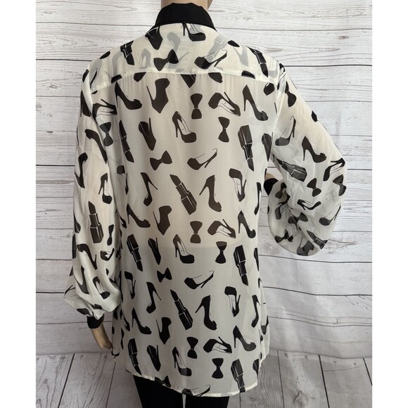 Kardashian Kollection Blouse Medium Sheer White Black Bow Heel Lipstick Print - Picture 10 of 13
